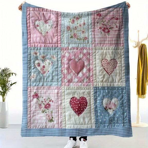 Vintage Style Plaid Love Pattern Print Flannel Blanket, Fabric, Digital Printing, All-Season Cozy Warmth for Sofa, Bed, Office, Car, Camping - Home Decor