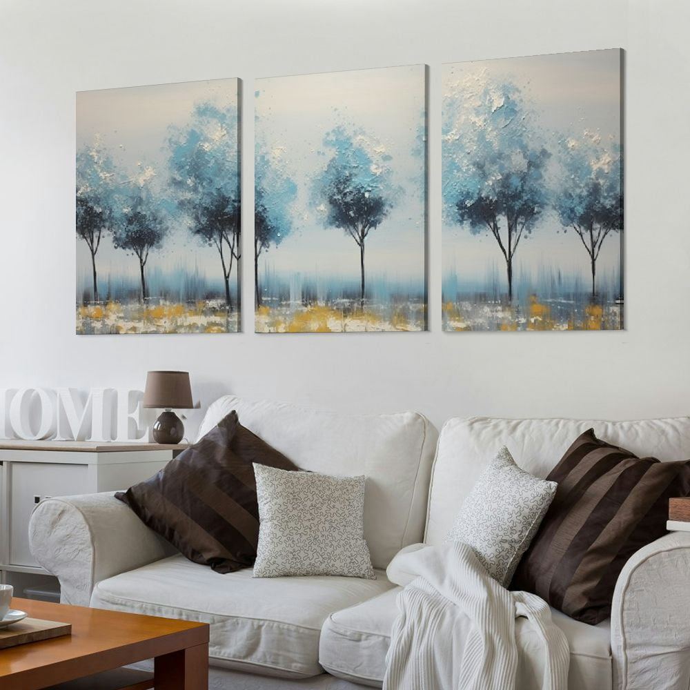JRXY Tree Wall Art Canvas Teal Landscape Painting Blue Forest