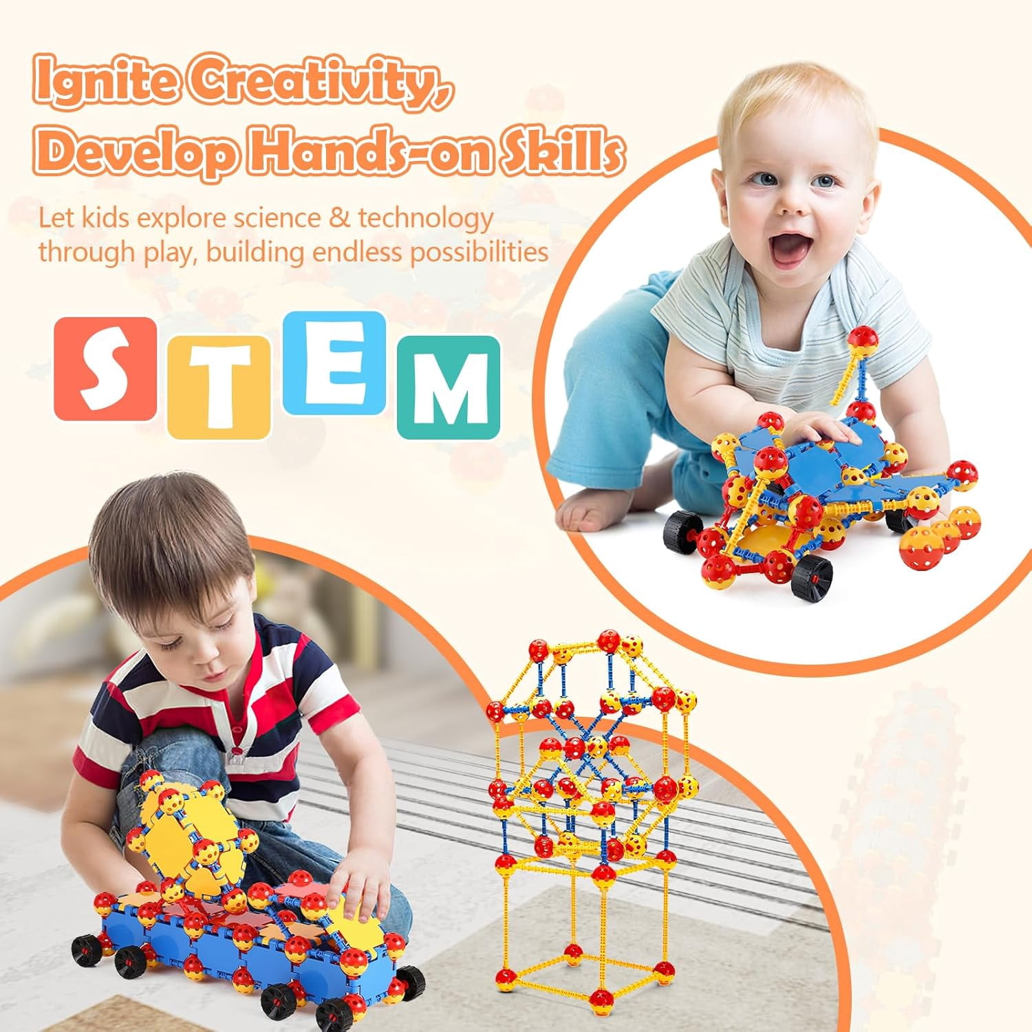 STEM Toys Building Blocks Set, 160 Pieces Construction Building Sets, Preschool Toys for Ages 3+Kids, Creative Inspirational Fun Educational Toys, Blocks Game Kit for Boys and Girls