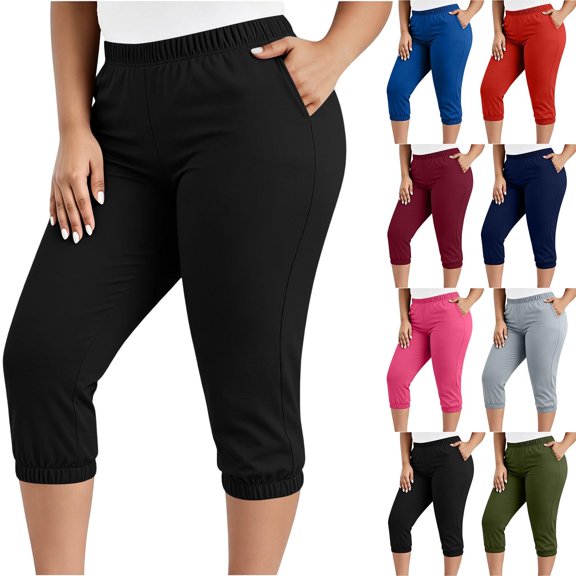 Purcolt Plus Size Capris for Women High Waisted Stretch Comfy Cropped Casual Sweatpants Yoga Capri Pants with Pockets