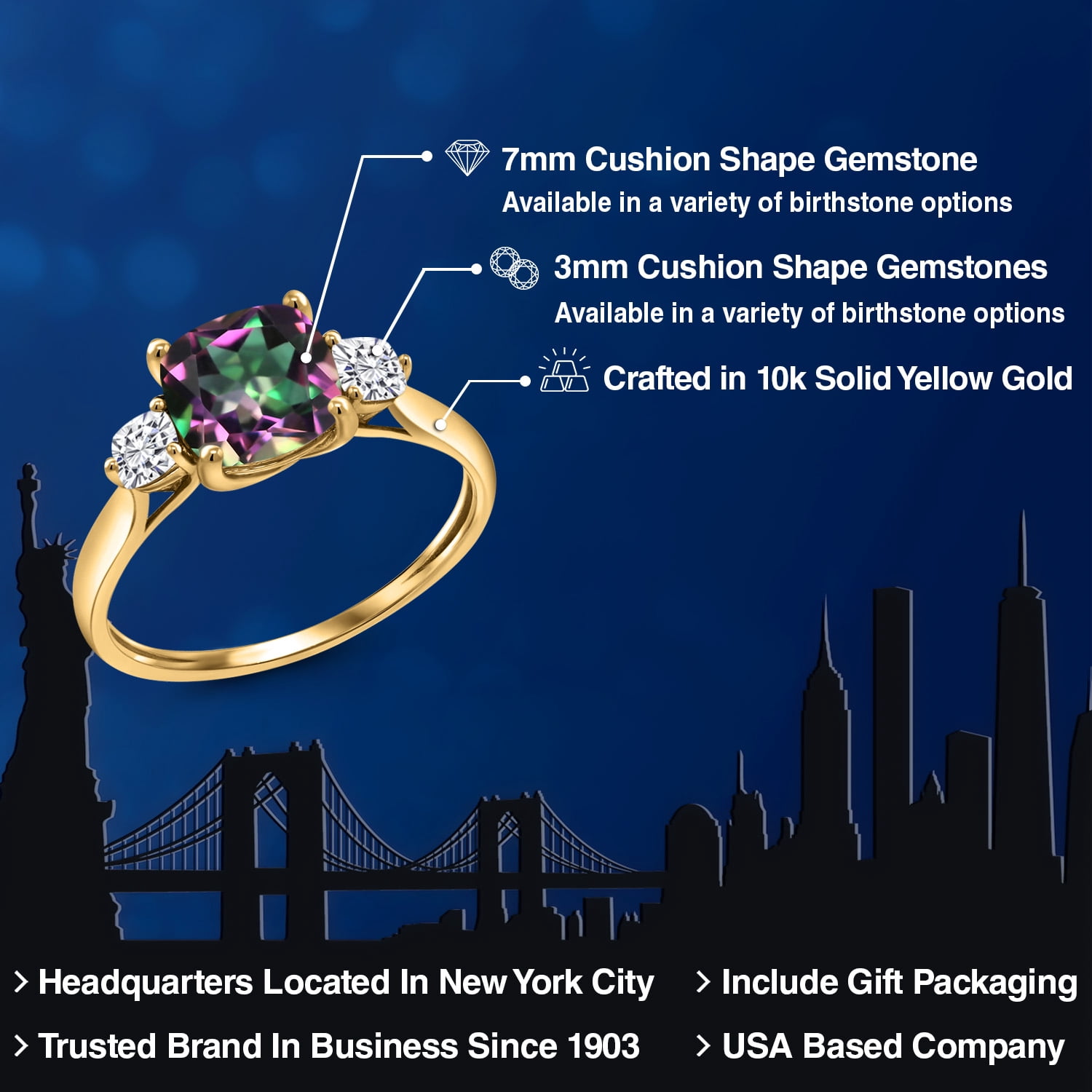 Gem Stone King 10K Yellow Gold Green Mystic Topaz and White Moissanite 3-Stone Engagement Ring for Women | 2.26 Cttw | Cushion 7MM | Gemstone November Birthstone | Available in Size 5, 6, 7, 8, 9