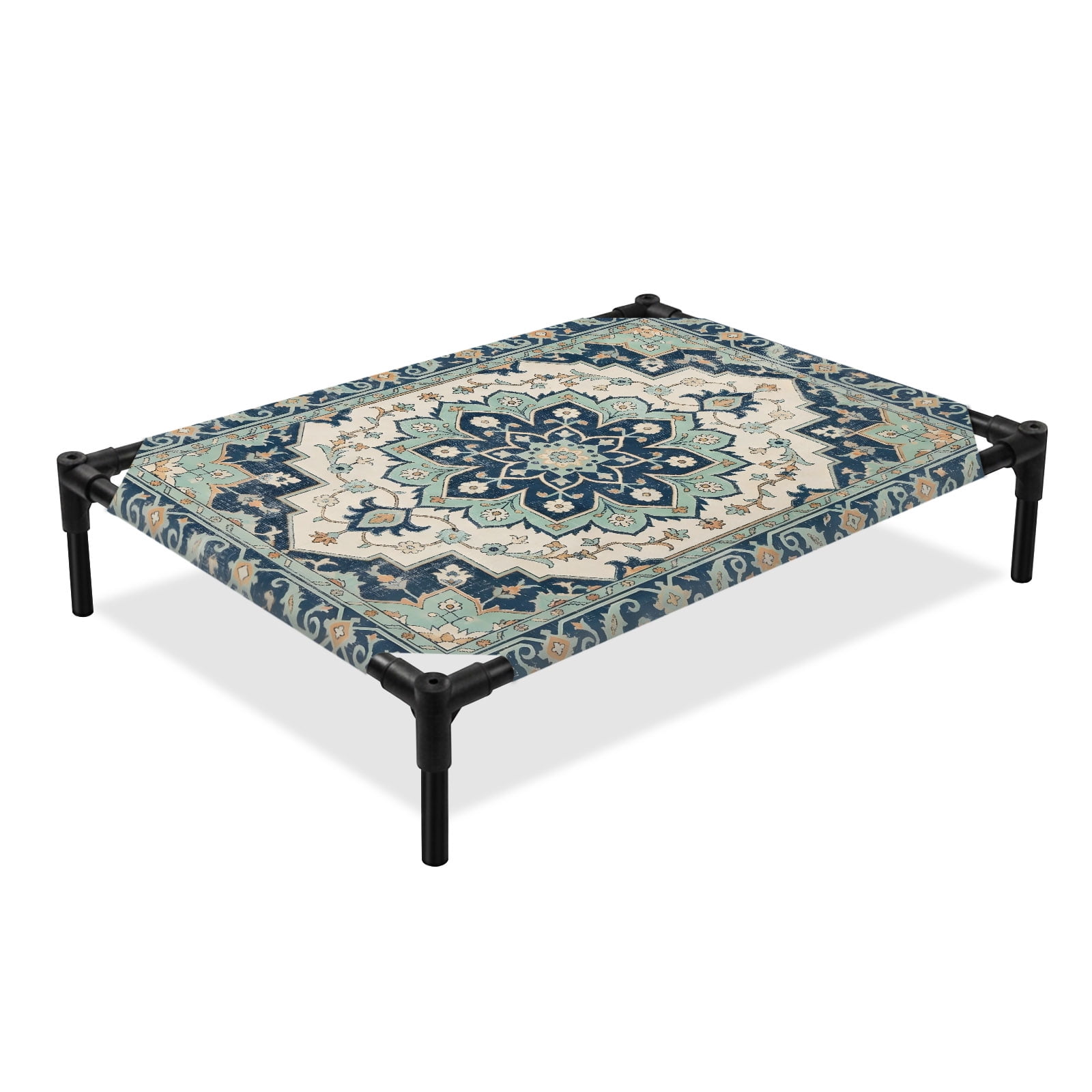 Mint Blue Flower Elevated Dog Bed Coastal Seafoam Field Pale Borders Scrolls Cooling Breathable Outdoor Raised Dog Cot Bed with Metal Frame Non-Slip Feet for Medium Dog 24x20in