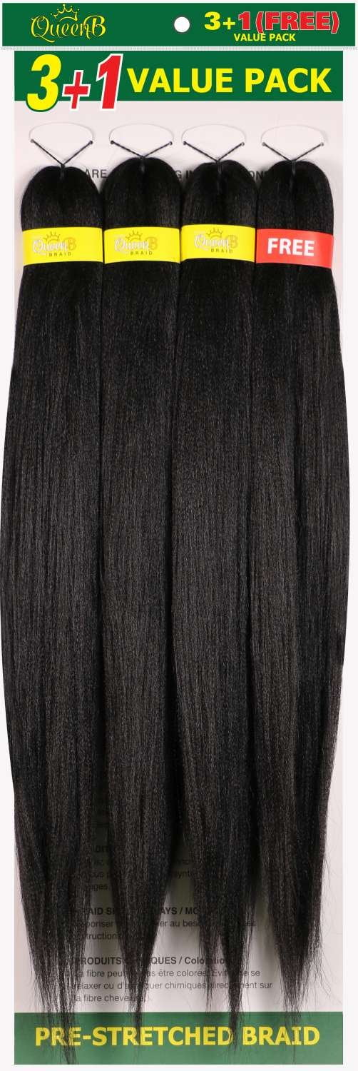 (4 pack) QueenB 4X Value Pack Pre-Stretched Braiding Hair 50” – Color #1B