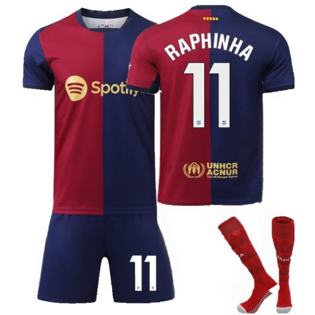 GZSL 2425 Barcelona Home Football Training Kit, Number # 11 Soccer Jersey, Colorful Short-Sleeve Adult Football Jersey with White Lettering and Small Logo Three-Piece Set/M