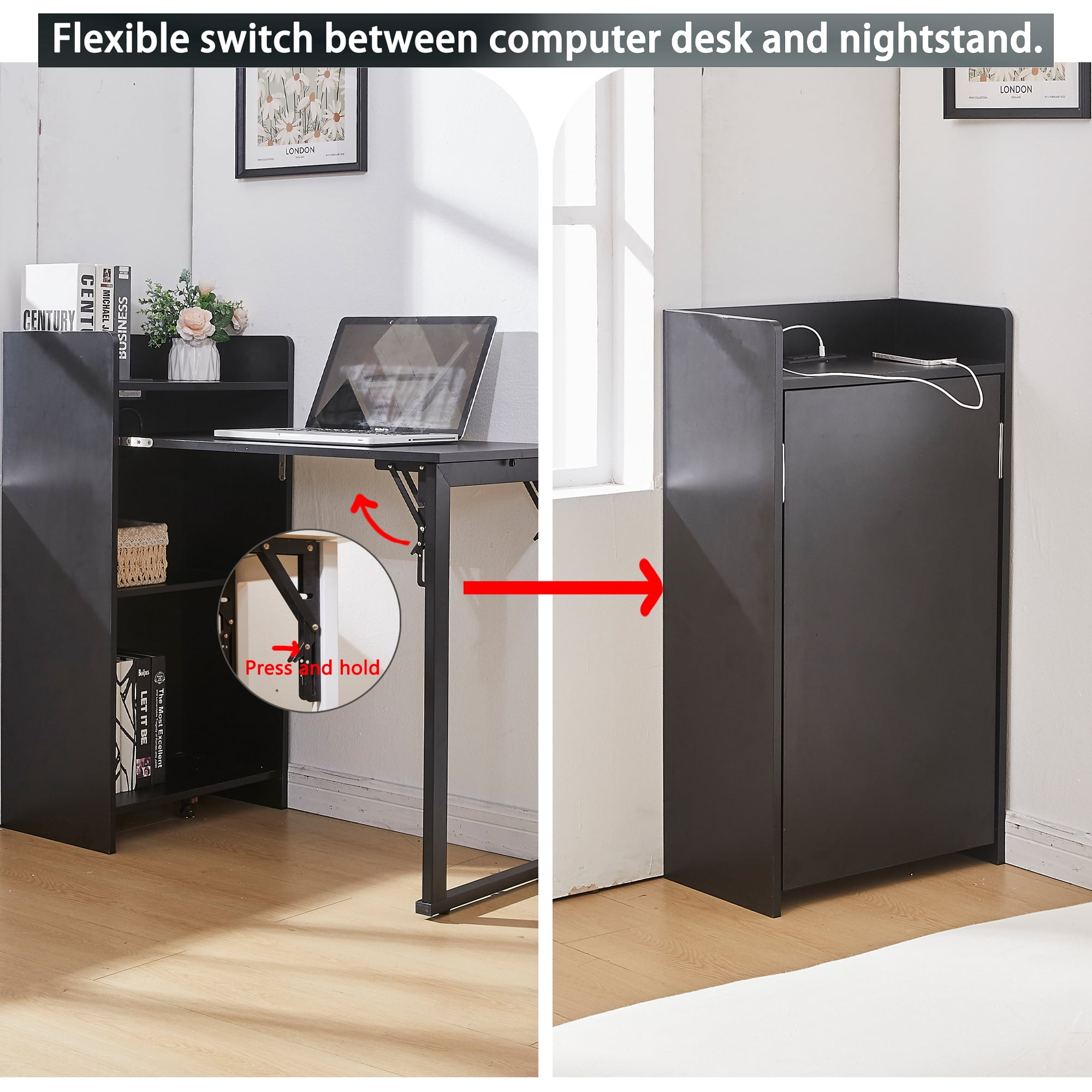 Haooyeah 37" Foldable Storage Desk with Charging Station, Space-Saving Desk with Raised Surface, Multi-functional Desk for Home Office, Bedroom, and Small Spaces