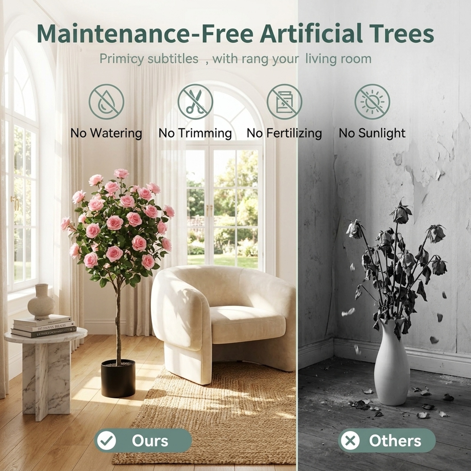 Vebreda Artificial Plant Decor, 2-Pack Artificial Camellia Tree Faux Flower Plant in Cement-Filled Pot, Lifelike & Elegant Design
