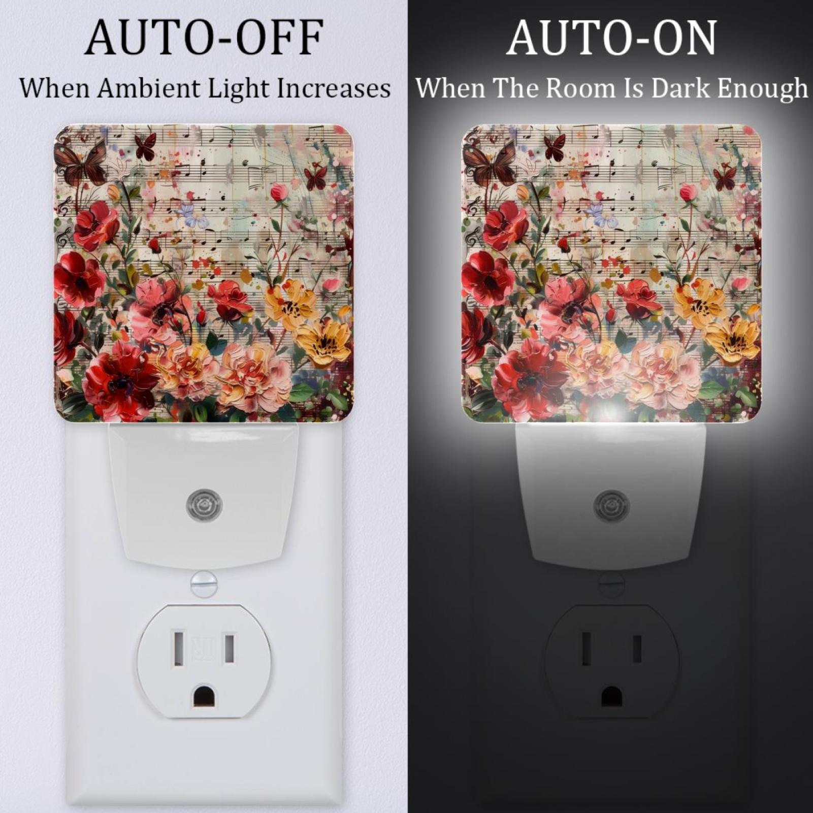 PhooArto Colors Flowers Music Score Plug in LED Night Light Auto Sensor Dusk to Dawn Decorative Night for Bedroom, Bathroom, Kitchen, Hallway, Stairs, Baby's Room, Energy Saving