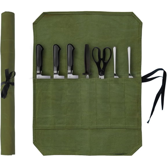 LC-dolida Knife Roll Bag, Portable Knives Pouch Knife Storage with 7 Slots, Portable and Durable for Home Camping Picnic Chefs Cooking Lovers, Green(Bag Only)