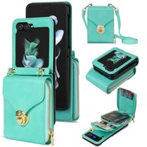 Feishell Crossbody Wallet Case for Samsung Galaxy Z Flip5,with Detachable Shoulder Strap,Premium PU Leather Metal Snap Zipper Pocket Credit Card Holder Phone Case for Women Men,Mint
