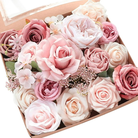 Dusty Rose Cream Artificial Flowers Fake Roses Peonies and Greenery Combo Box Set for DIY Wedding Bouquets Bridal Shower Centerpieces Floral Arrangements Party Tables Home Decorations