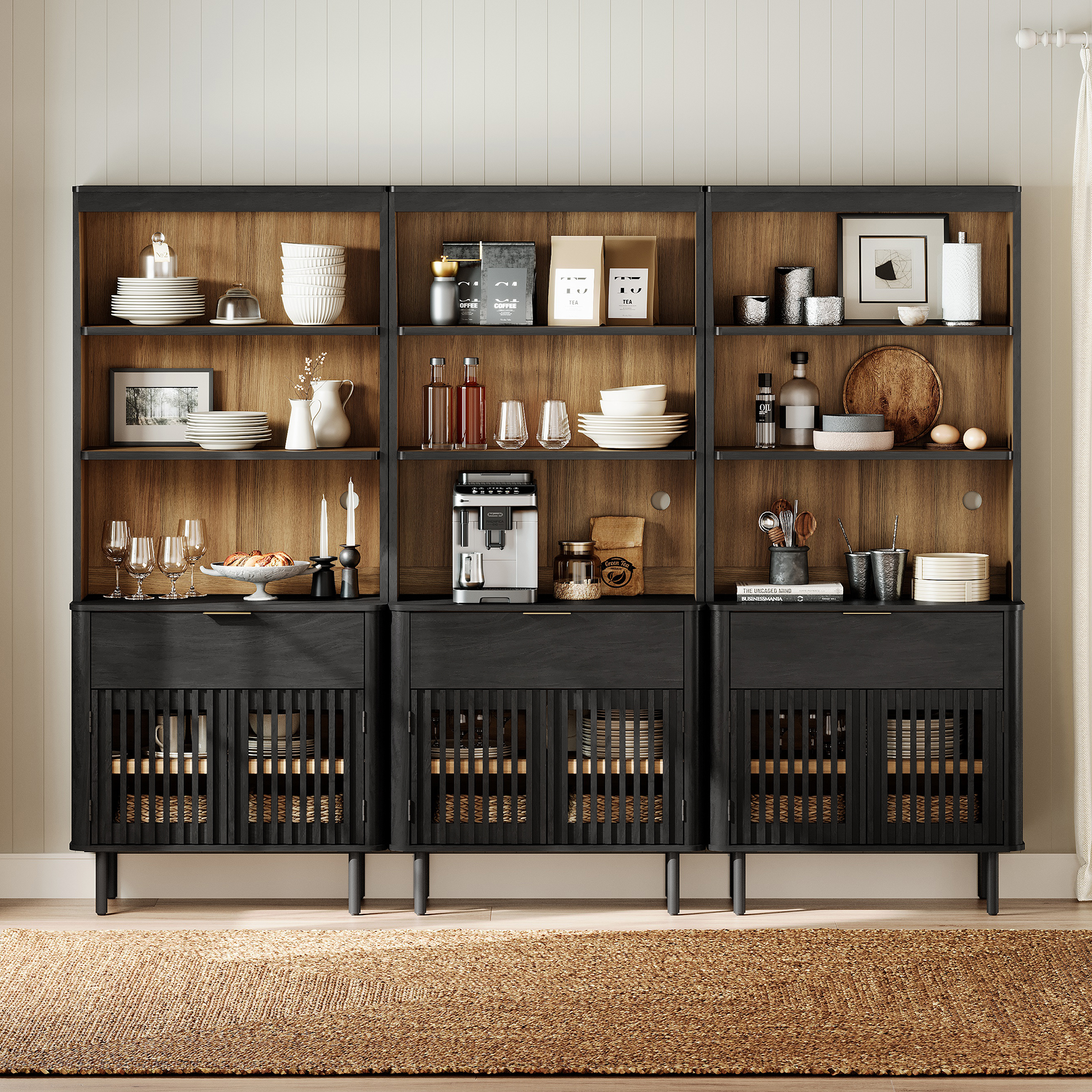 WAMPAT 72.8" Tall 5-Tier Bookshelf with Doors & Drawer, Modern Bookcase with Storage, Adjustable Shelves, Wood Storage Cabinet, Black, 3 PCS