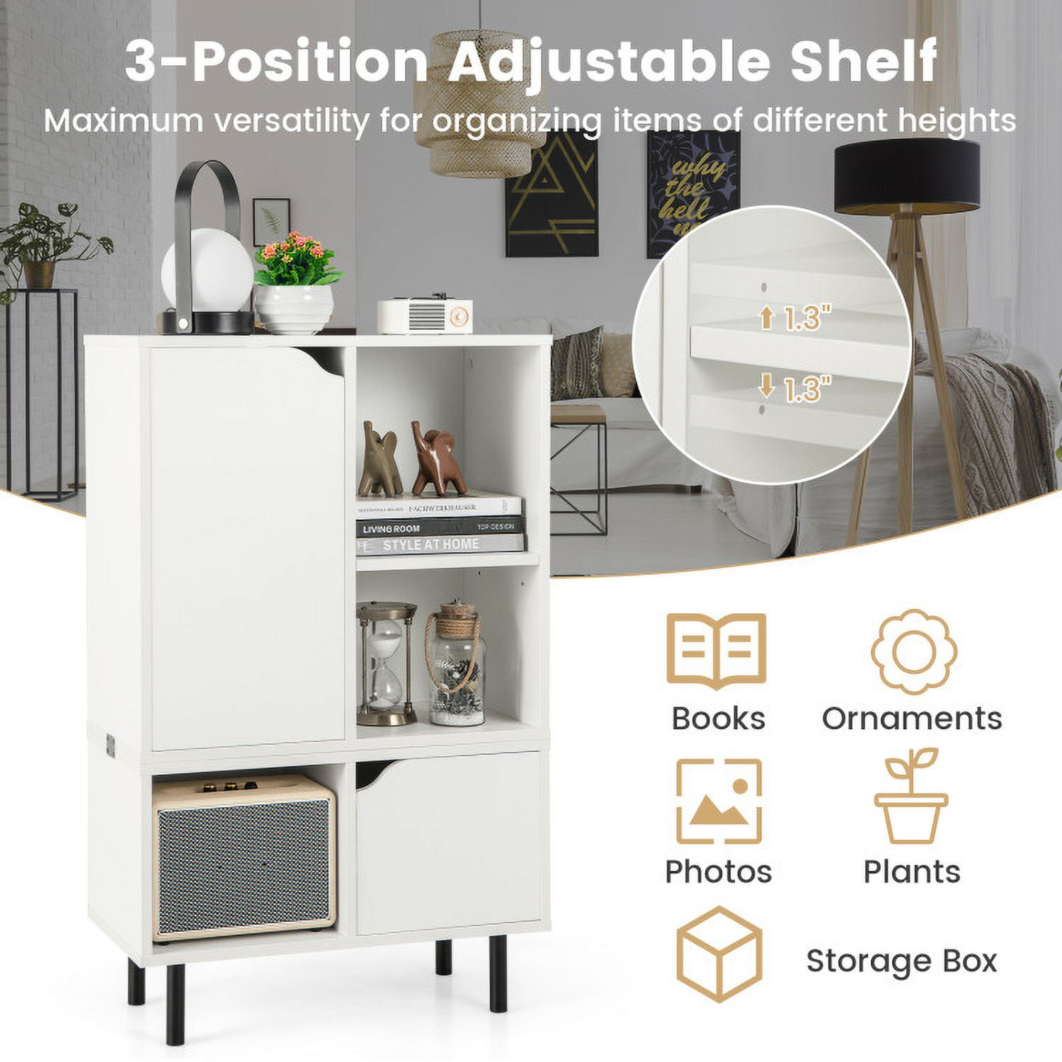 Demi Bonn Stackable Bookcase with Adjustable Shelf and Cubes, Free Standing 6 Cube Storage Cabinet, White