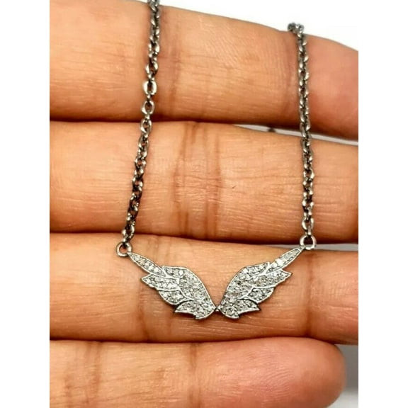 Angel Wing Necklace Pave Diamond Pendant 925 Silver Diamond Wing Pendant Gift.