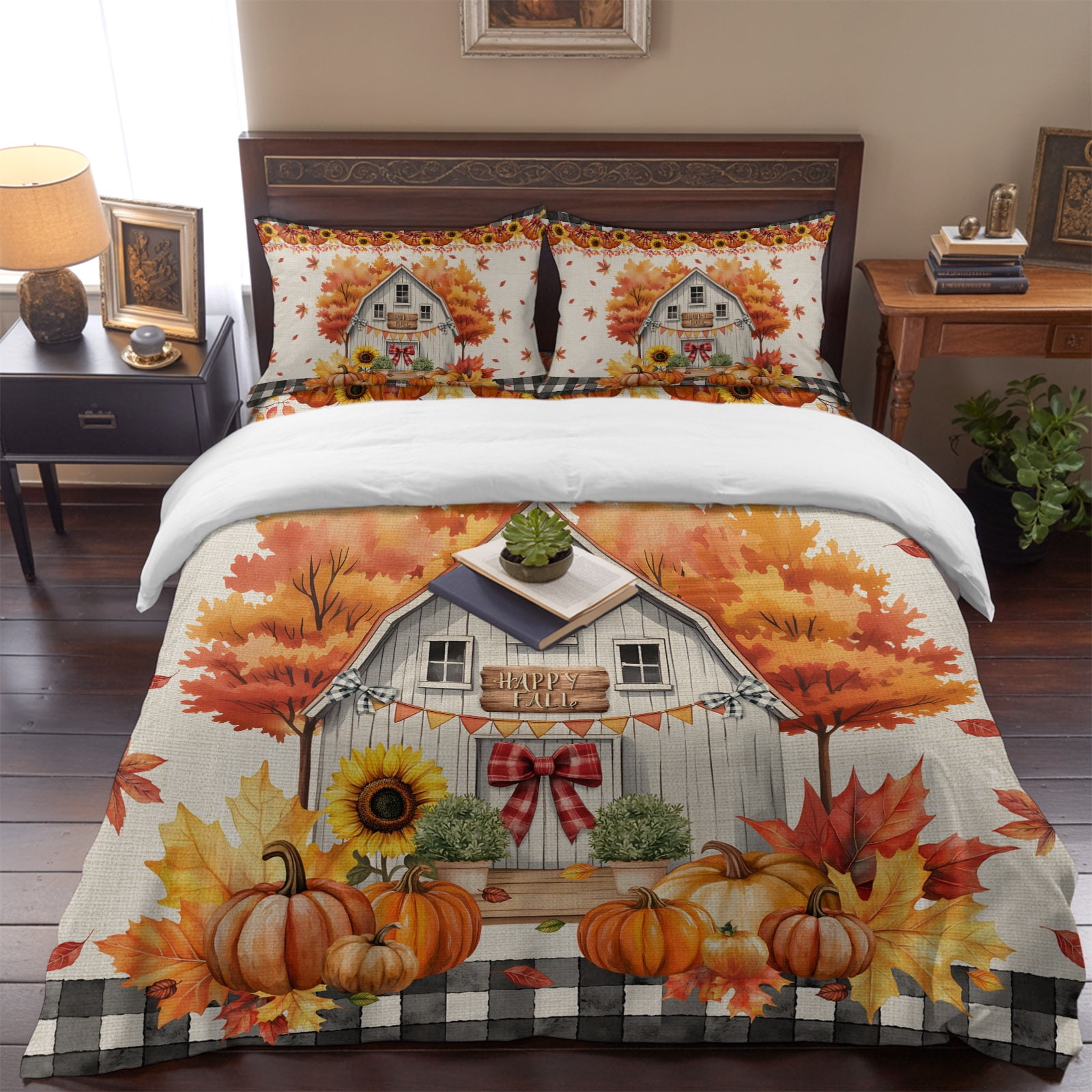 Fall Pumpkin 4 Piece Bedding Set Farmhouse Maple Leaf Black White Plaid Retro Twin Size Duvet Cover Set with Zipper Closure & Corner Ties Soft Breathable Comforter Cover for Bedroom