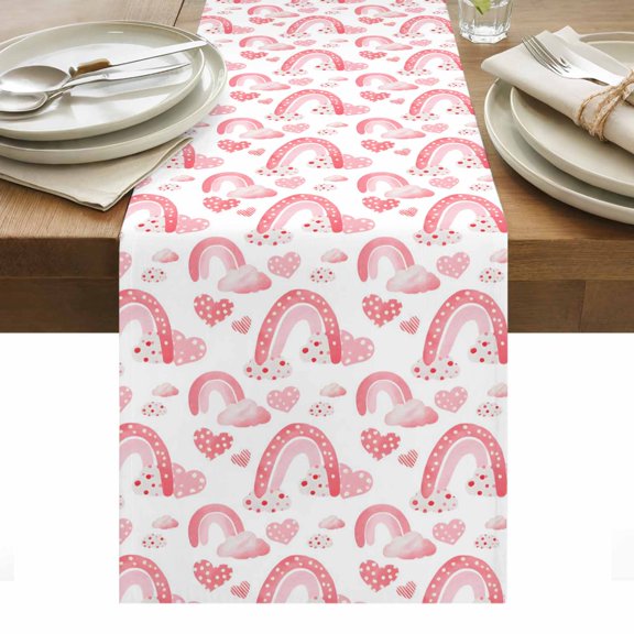 Valentine's Day Table Runner - 36 Inch Long, Kitchen Dining Table Runner Dresser Scarves, Pink Rainbow Love Heart Polka Dots Spring Farmhouse Decor for Coffee Tables Wedding Party Banquet