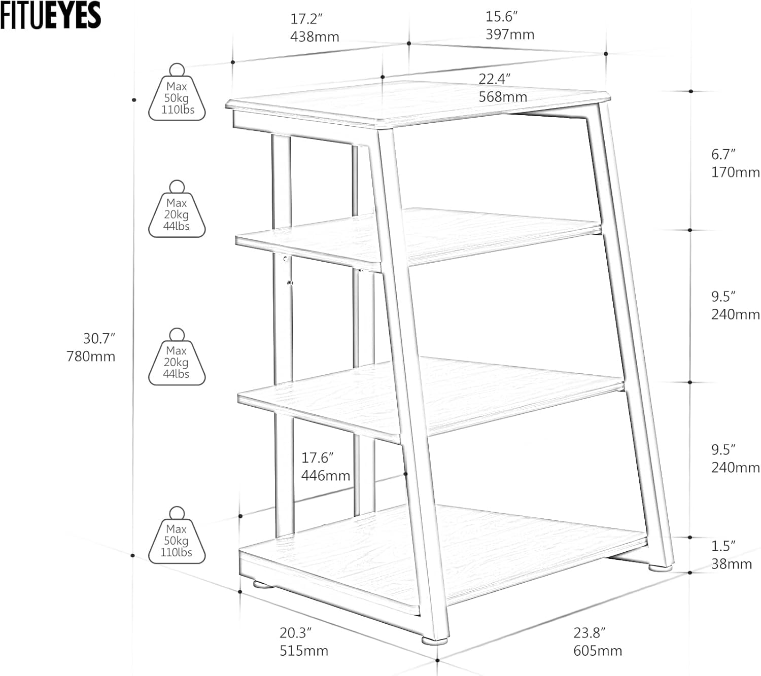 FITUEYES 4-Tier Media Stand with LED Backlight, Adjustable Shelves, White Oak