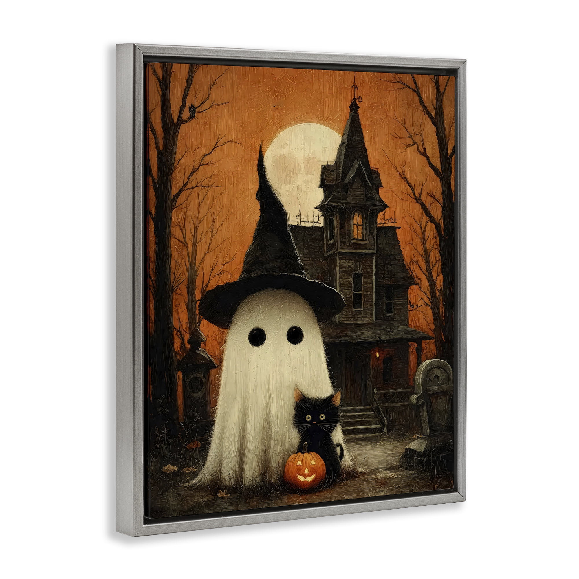 Cute Ghost & Haunted House Gray Framed Floater Canvas Wall Art, design by Arlington Prints
