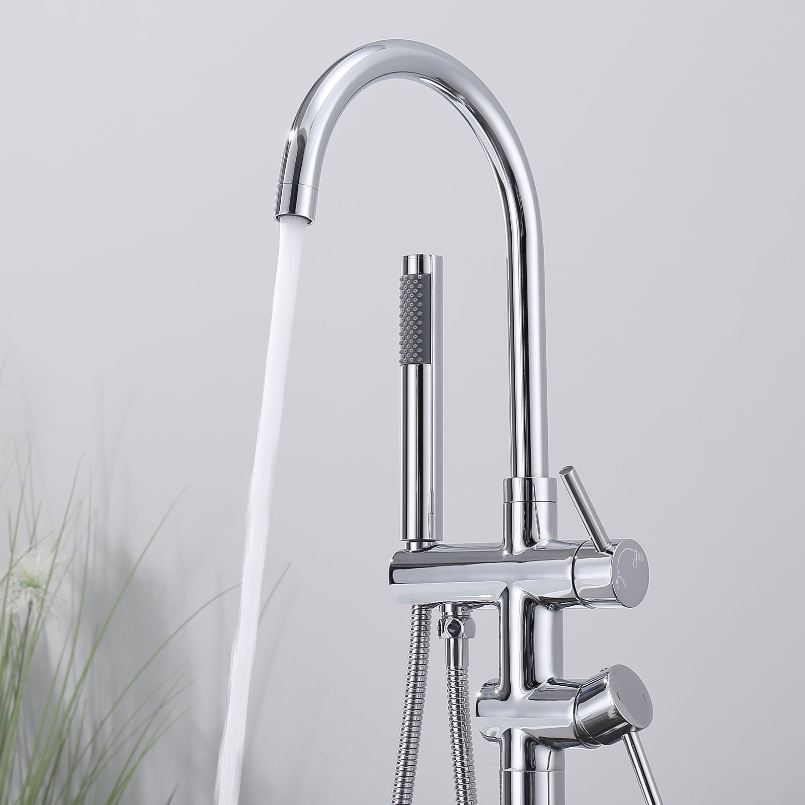 Dawot Floor Mount Bathtub Faucet, Polished Chrome Brass Bathroom Freestanding Tub Filler Single Handle Tub Spout, with Hand-held showerhead
