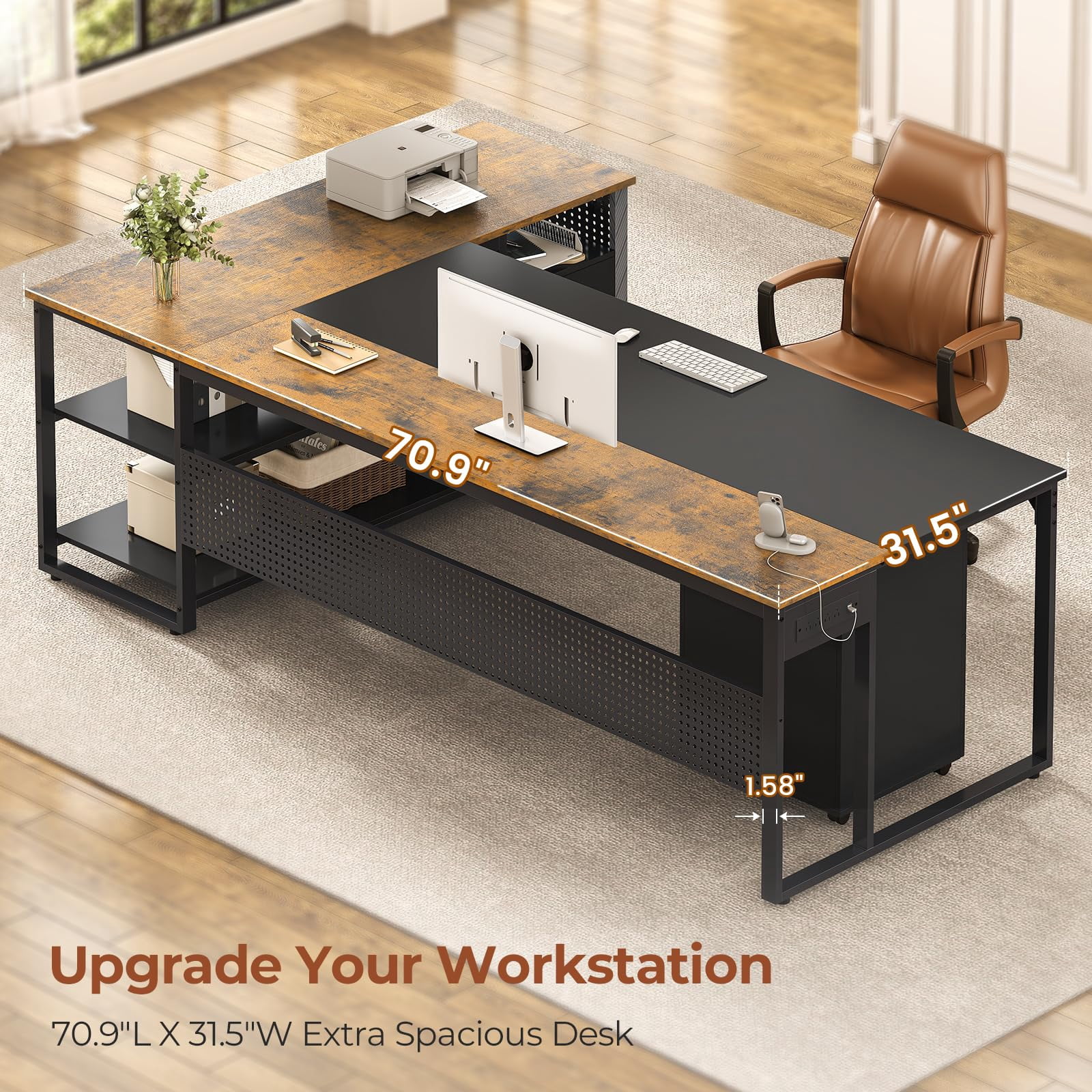 71" Executive Desk, Reversible L Shaped Desk with Mobile File Cabinet & Power Outlets, Large Office Desk with Drawers, Storage Shelves, Hooks, Corner Computer Desk for Home Office