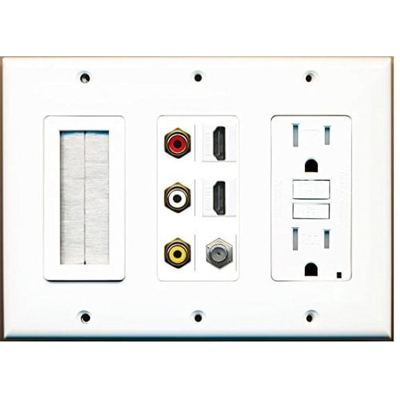 RiteAV - (3 Gang 15A GFCI Outlet Mesh-Brush 2 HDMI Coax Composite Video Wall Plate White