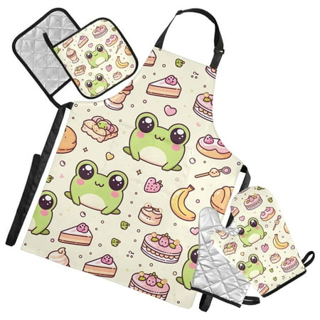 Cute Frog with Cake 5 Pcs Kitchen Set Heat Resistant Oven Mitts and Non-Slip Pot Holders with Adjustable Cooking Apron