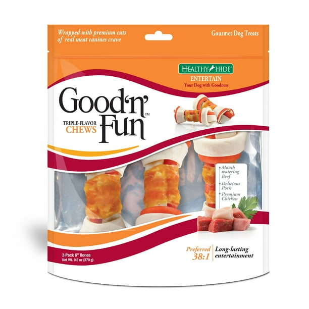 Good'n'Fun Triple Flavor Chews for Dogs, 6 inch Bones, 3 Count (9.5 oz