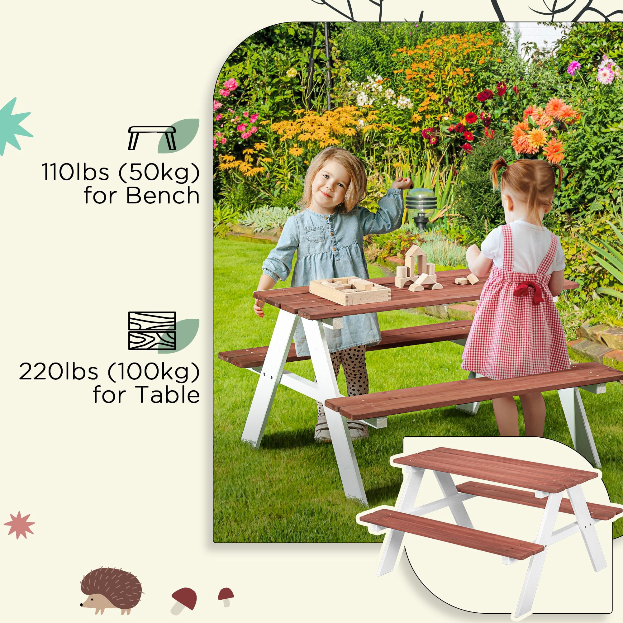 Kids Brown Wooden Picnic Bench Table Set, Durable Outdoor Garden Furniture, Ages 3-8