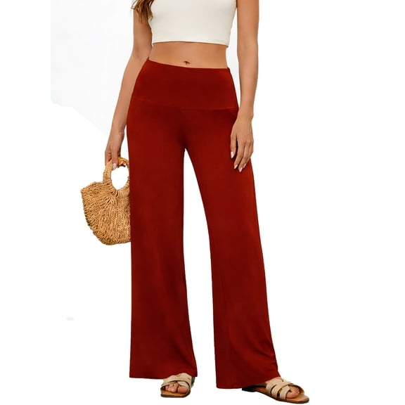 TEMOFON Womens Stretchy Wide Leg Palazzo Lounge Pants Casual Comfy High Waist Dress Pants Brickred