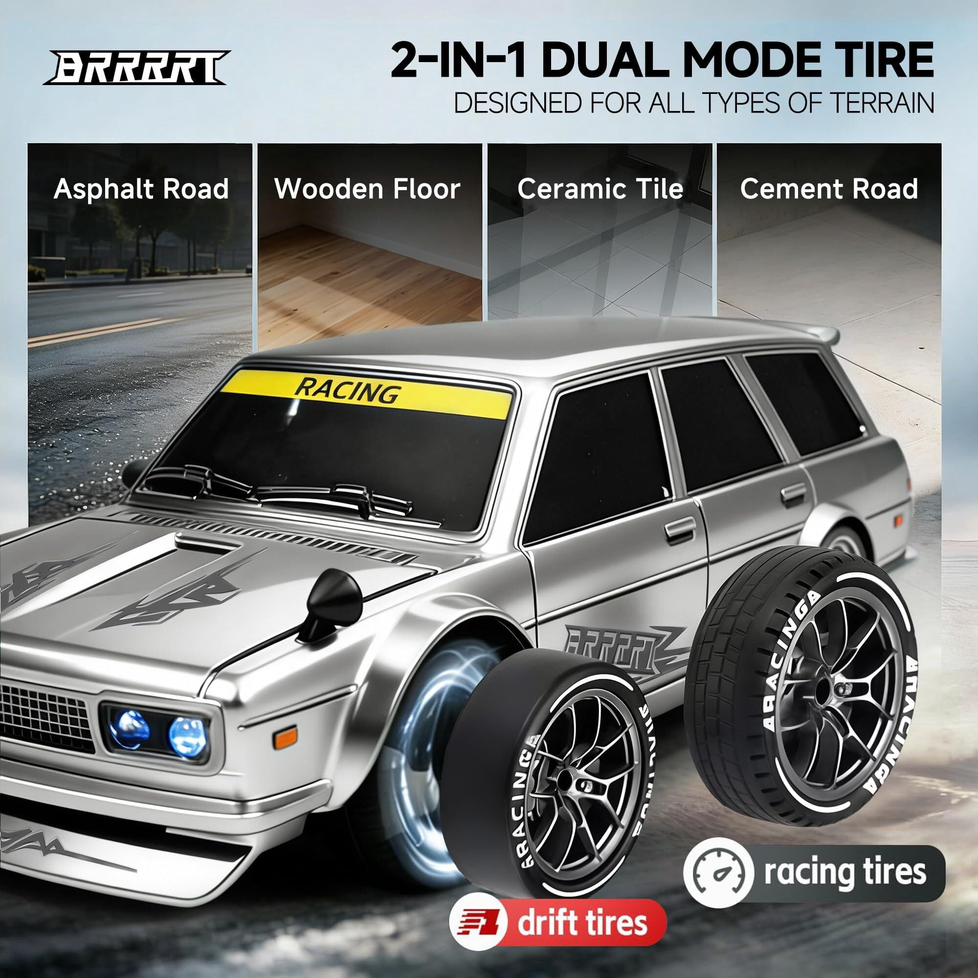 BRRRRT RC Drift Car 1:24 2.4GHz 4WD High Speed Remote Control Cars Vehicle with LED Lights, 20KM/H Mini RC Race Car Toys for Boys Kids Adults