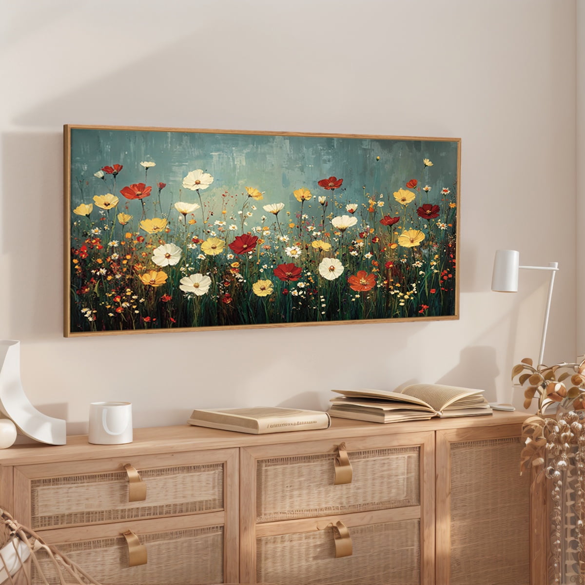 TOARTi Boho Vintage Floral Canvas Wall Art Moody Wildflowers Framed Print Colorful Abstract Botanical Artwork for Bedroom Living Room Office 20x40 Inch
