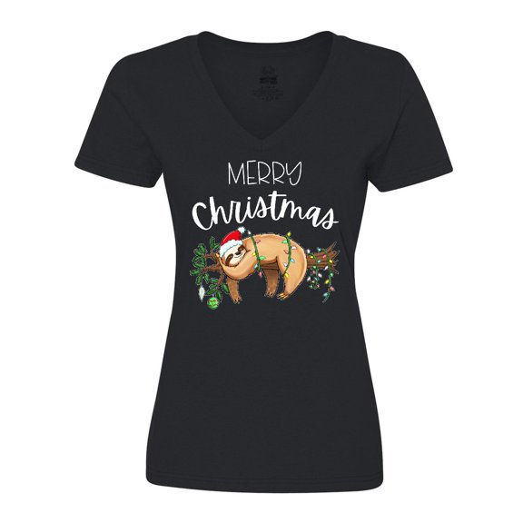 Inktastic Merry Christmas Cute Sloth with Santa Hat and Lights Women's V-Neck T-Shirt