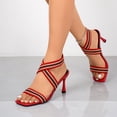 thumbnail image 4 of SACFOF Women's Square Open Toe Strappy Heeled Sandals Elastic Ankle Wrap Stripe Dress Shoes for Party Wedding Evening, 4 of 6