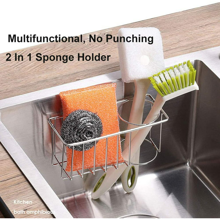 Sponge Holder for Sink Caddy - Kitchen Sink Sponges Holder, 2 in 1 Brush  Holder, SUS 304 Stainless Rust Proof Waterproof Sponge Caddy, No Drilling  with 2PCS Adhesives 