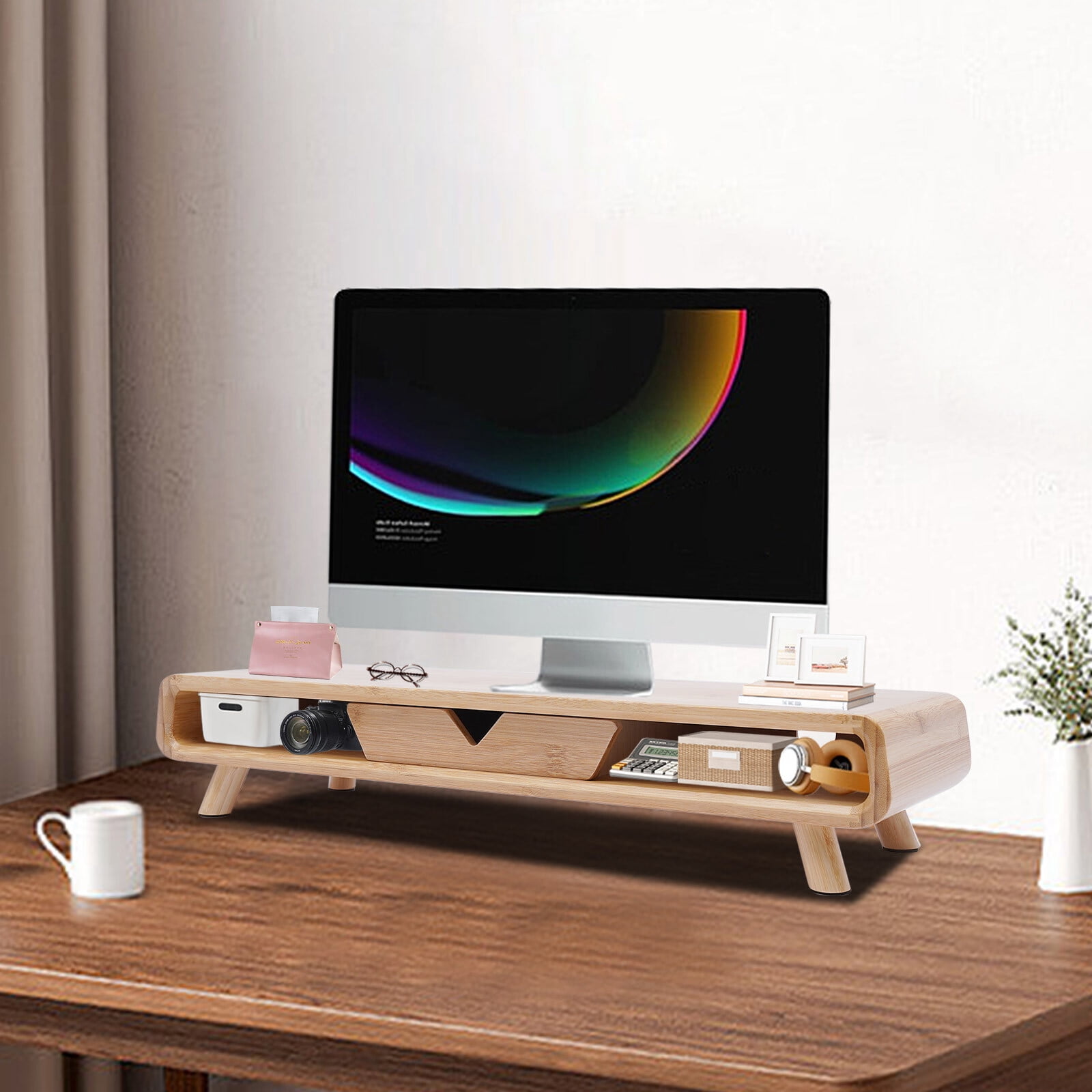 24" Bamboo Monitor Stand & Back Baffle Drawer Desktop Stand Riser 4.5" Height Wood Color for Office