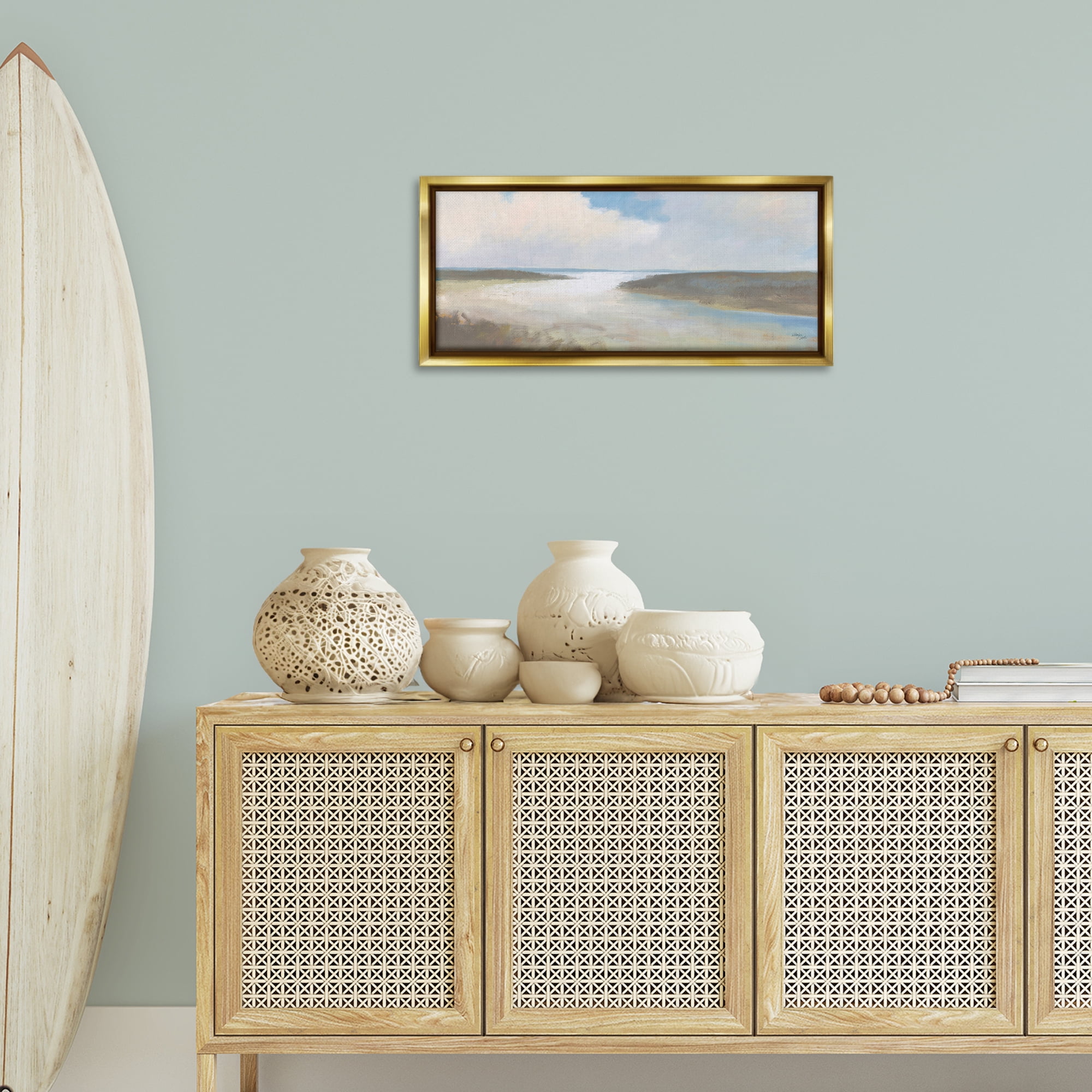 Stupell Industries Soft Coastal Shore Nautical & Beach Painting Gold Floater Framed Canvas Art Print Wall Art, 31 x 14