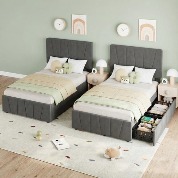2 Set Grey Twin Size Bed Frame with Adjustable Headboard and 2 Storage Drawers, Soft Upholstered Twin Platform Bed Frames with Wooden Slats Support, No Box Spring Needed