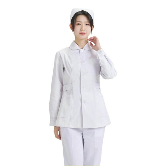 AWZXDE Veste d'Infirmière Unie pour Femme avec Poches, Boutons, Revers Cranté, Simple, Décontractée, Manches Longues, Uniforme pour Travail Médical, Confortable et Professionnelle, Blanc, TTG