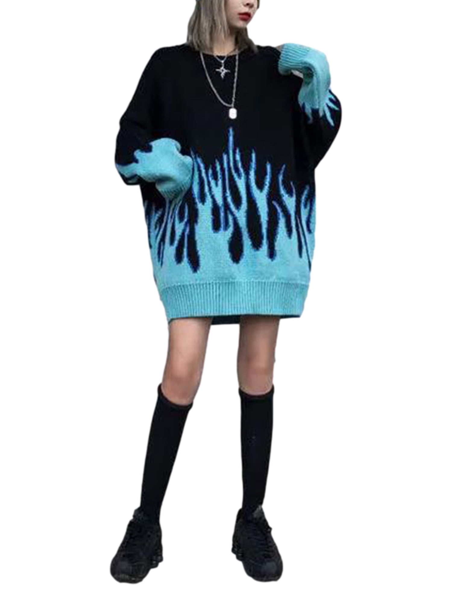 black sweater with blue flames
