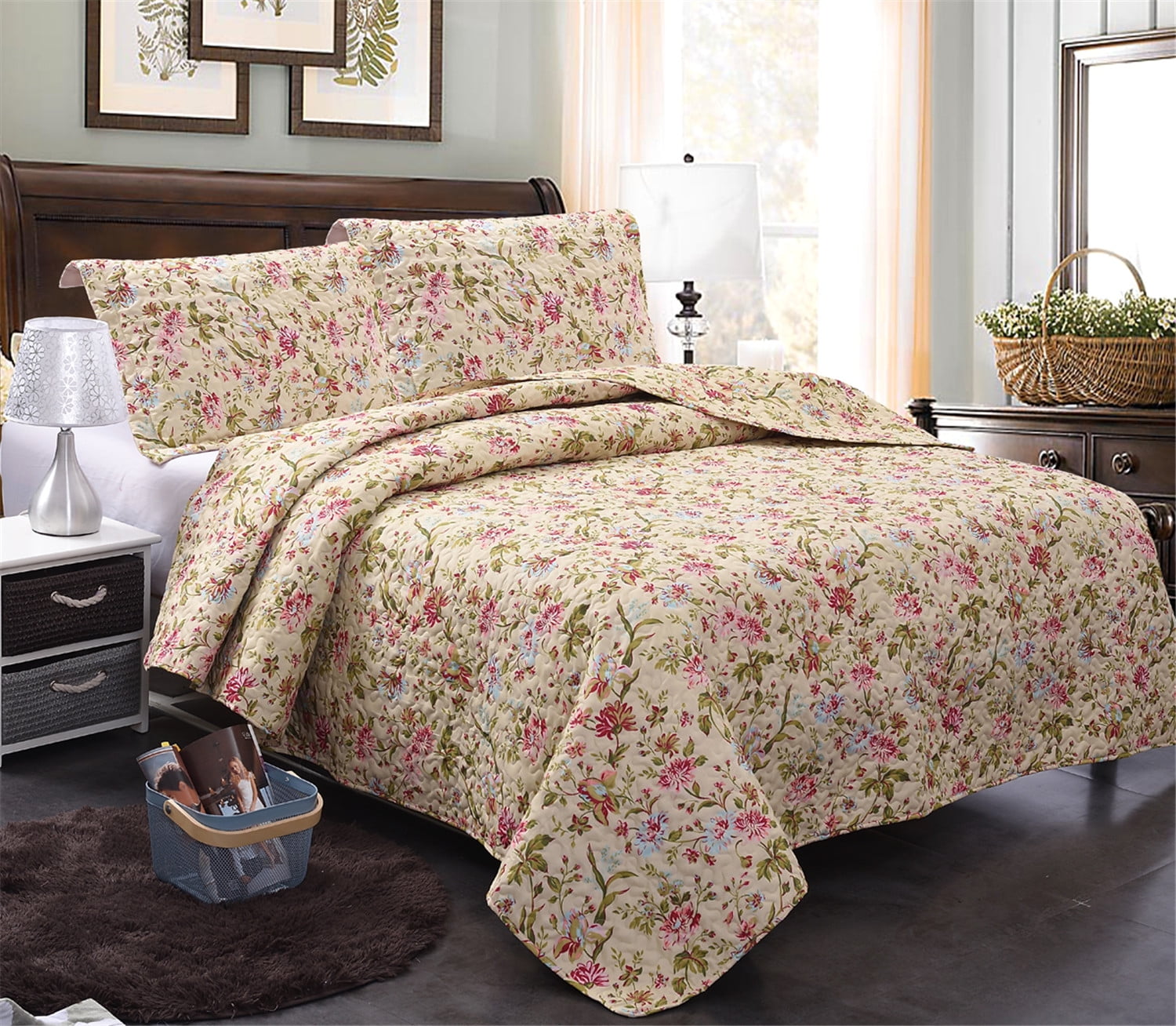 FLOWERS PATCHWORK PRINTED REVERSIBLE BEDSPREAD QUILTED SET 3 PCS QUEEN SIZE 