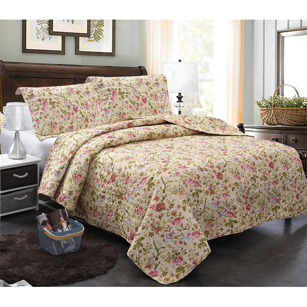 Elegant Beige Flowers 3 Piece Quilt, Wayfair King Size Bedding Sets