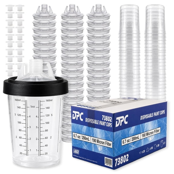 Disposable Paint Spray Gun Cup Liners and Lid System, 50 Pack Mini Size 6 Ounce (200ml) Kit - Paint Spray Gun Cups 50 Cup Liners, 50 Lids with Strainer, 1 Hard Cup with Retainer Ring and 20 Plugs