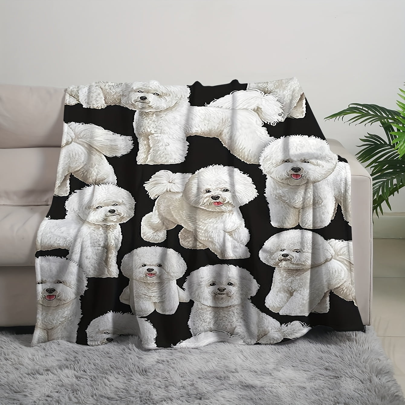 Cozy Flannel Dog Print Blanket Soft Warm Reversible Design with Adorable White Teddy Dog Patterns Perfect for Sofa Bedroom Travel & All Seasons Ideal Gift for Dog Lovers