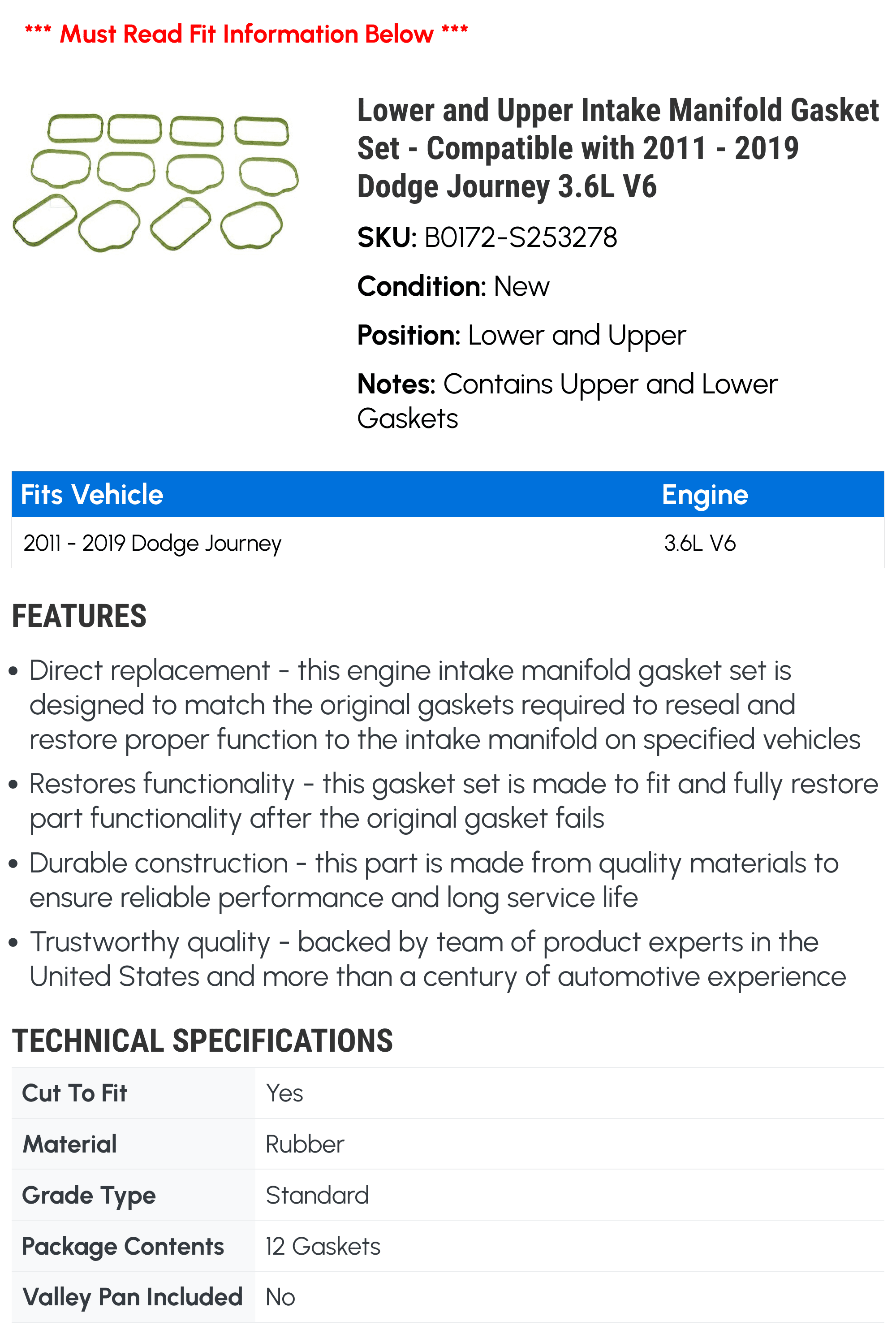 Lower and Upper Intake Manifold Gasket Set - Compatible with 2011 - 2019 Dodge Journey 3.6L V6 2012 2013 2014 2015 2016 2017 2018