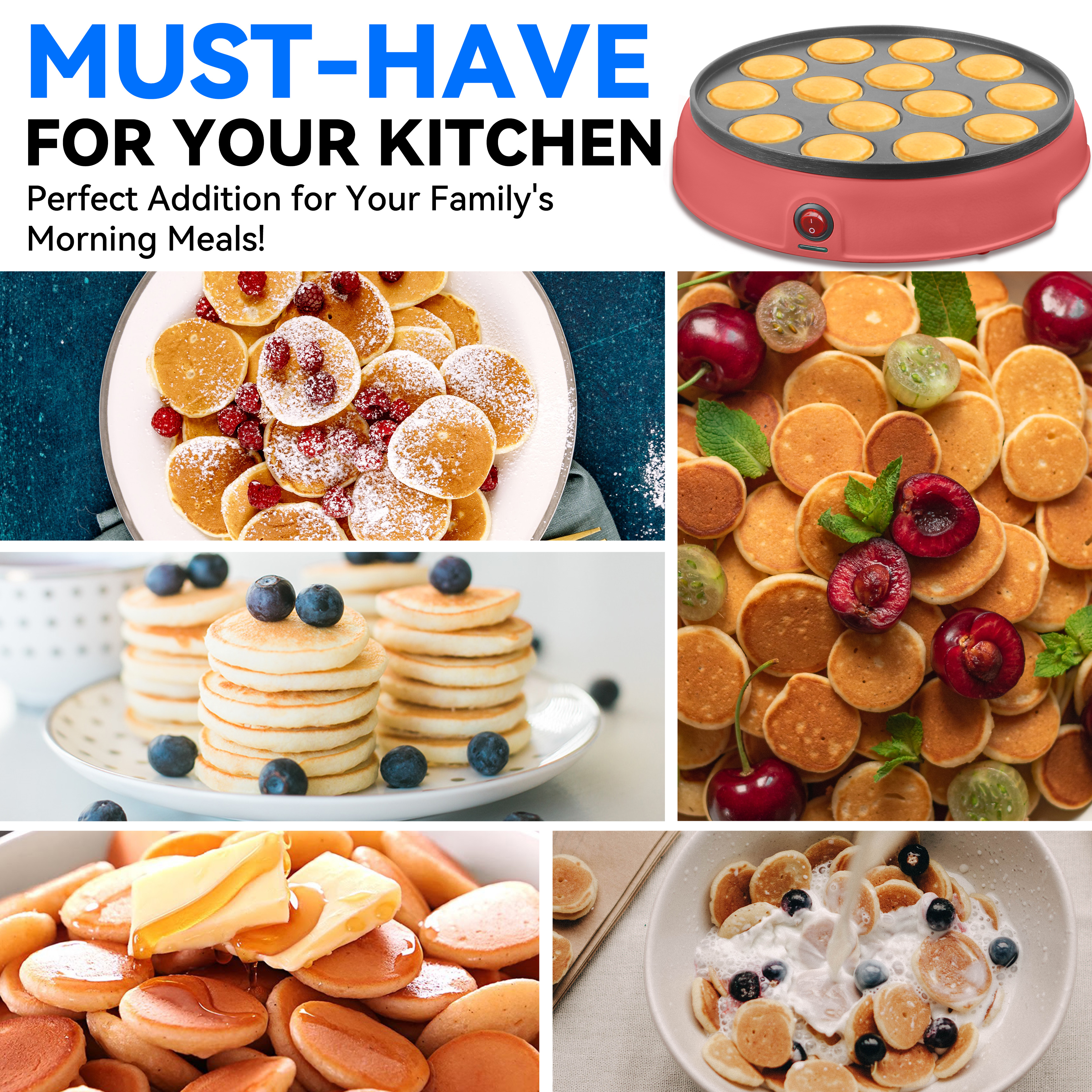 Mailand 1.8 Inch x14 Holes Mini Pancakes Maker Machine, Dutch Mini Pancake Griddle, Non-stick Poffertjes Pan, 2 x Forks Included, Red