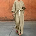 thumbnail image 2 of YABCSAZ Cotton Linen Set Long Sleeve V Neck Button Down Tee Shirt Tops and Wide Leg Pants Summer Casual Loose Fit Solid Color 2 Piece Pajama Sets, 2 of 9