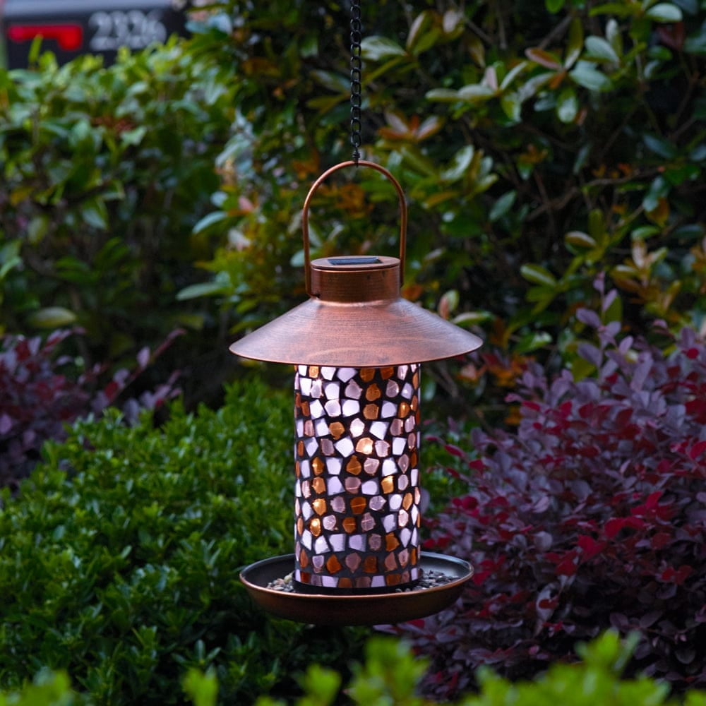 Smart Solar Adelie Mosaic Glass Bird Feeder with Solar Light Brown