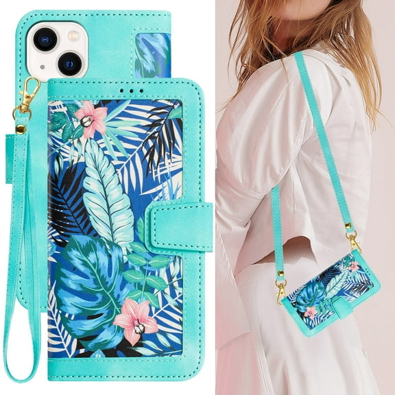 iPhone 14 Case, PU Leather Magnetic Closure RFID Blocking Card Slots Kickstand Shockproof Flip Wallet Handbag Flowers Case Cover with Wrist Strap Shoulder Strap for Women & Girl, Green