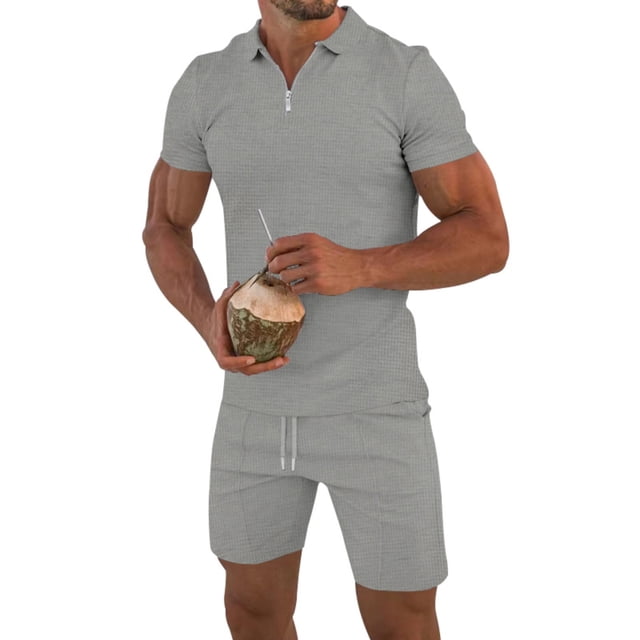 Mens Camisas de Verano de Manga Corta Suelta Cremallera Solapa Camiseta con Pantalones Cortos, Poliéster de Color Sólido para Casual Y Diario