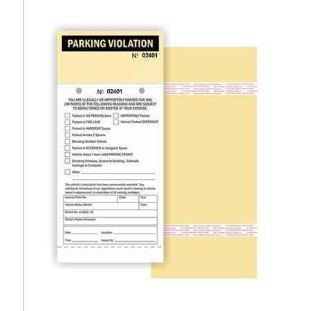 Parking Violation - 2 Part Carbonless Manila Tag with Perforation Stub and Adhesive Strips, 4.25" x 9.25", Consec. Numbered - 50 / Pack (No. 2401-2450)