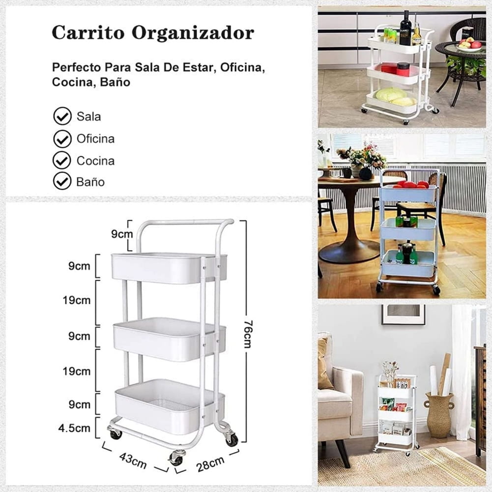 Kadyn 3 Tier Utility Carts with Lockable Wheels, Metal Rolling Cart with Handle, Storage Organizer Trolley Cart for Bathroom, White Kadyn 3 Tier Utility Carts with Lockable Wheels, Metal Rolling Cart with Handle, Storage Organizer Trolley Cart for Bathroom, White